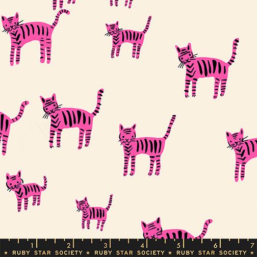 Pattern of pink striped cats on a beige background with Ruby Star Society label at the bottom.