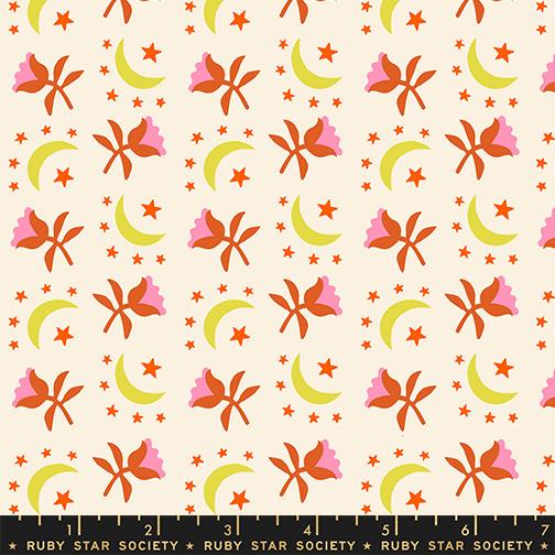 Patterned fabric with flowers, moons, and stars on a beige background, featuring Ruby Star Society label.