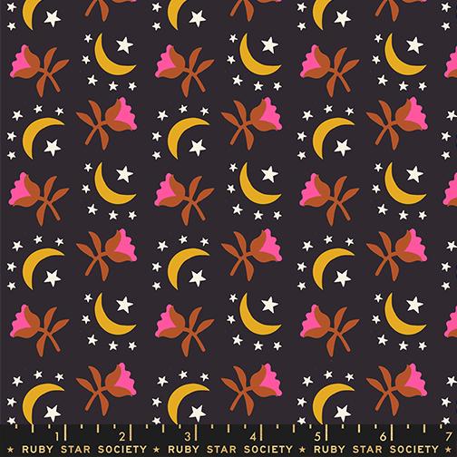 Patterned fabric with flowers, moons, and stars on a dark background, featuring Ruby Star Society branding.