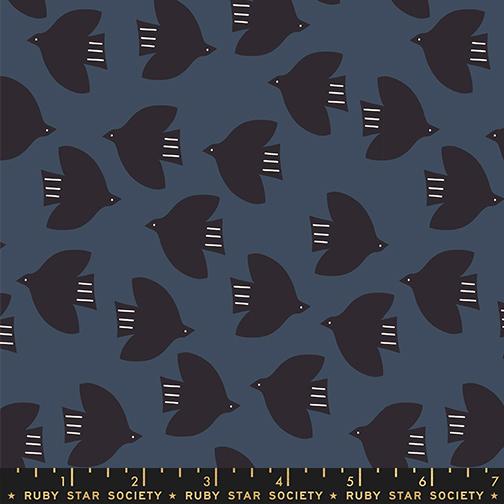 Pattern of black birds on a blue gray background with Ruby Star Society label.
