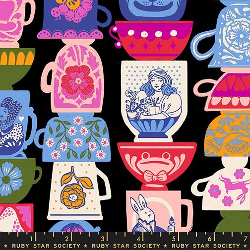 Colorful pattern of teacups and mugs with various designs on a black background, featuring the Ruby Star Society label.