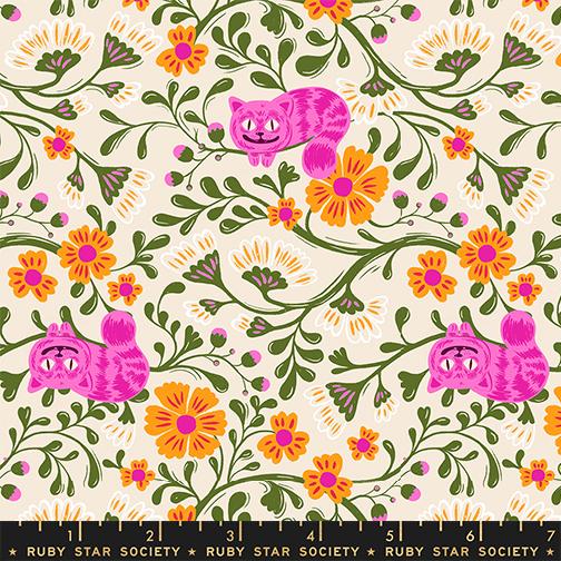 Patterned fabric with pink cat and floral design on a beige background, featuring Ruby Star Society label.