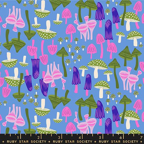 Pattern of different whimsical mushrooms on a blue background with Ruby Star Society label