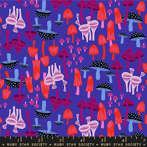 Colorful mushroom pattern on a purple background with a Ruby Star Society label.