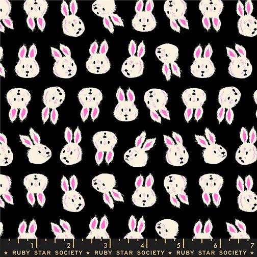 Pattern of white bunnies with pink ears on a black background, featuring Ruby Star Society branding.