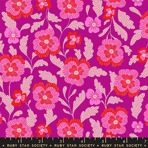 Floral pattern with pink and red flowers on a purple background, featuring Ruby Star Society label.
