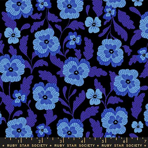 Pattern of blue flowers on a black background with Ruby Star Society branding.