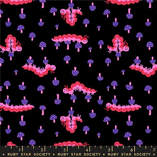 Patterned fabric with pink caterpillars and purple mushrooms on a black background, featuring the Ruby Star Society label.