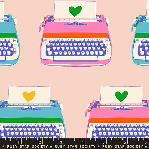 Colorful typewriters with hearts on a pink background, featuring the Ruby Star Society label.