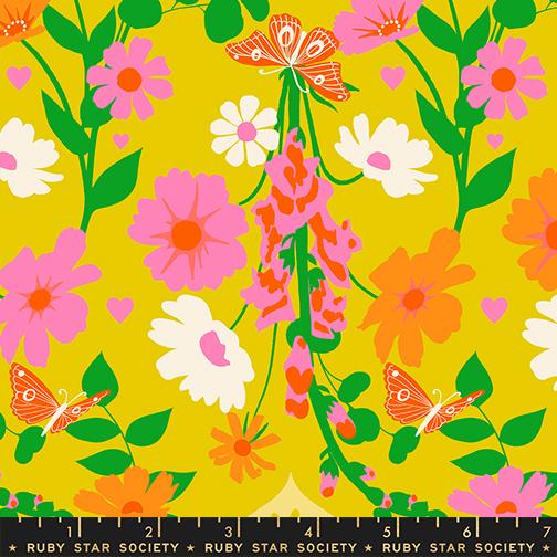 Colorful floral pattern with butterflies on a yellow background, featuring Ruby Star Society label.