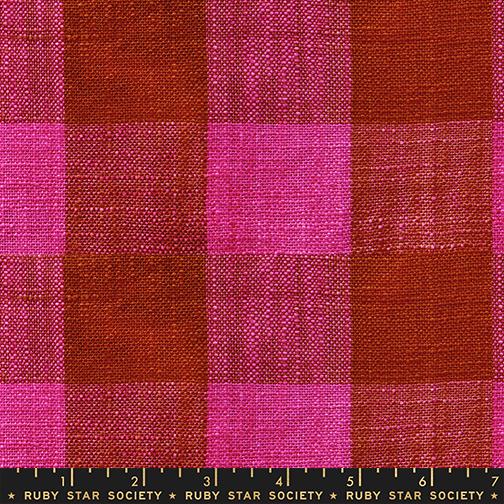 Fabric swatch with pink and red plaid pattern, labeled Ruby Star Society.