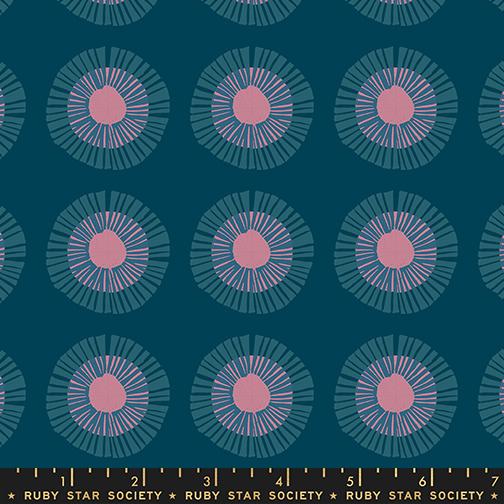 Patterned fabric with pink and blue circles on a dark blue background, featuring Ruby Star Society label.