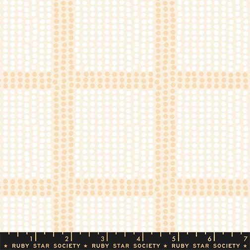 Fabric swatch with a plaid pattern in beige on a white background, labeled 'Ruby Star Society'.