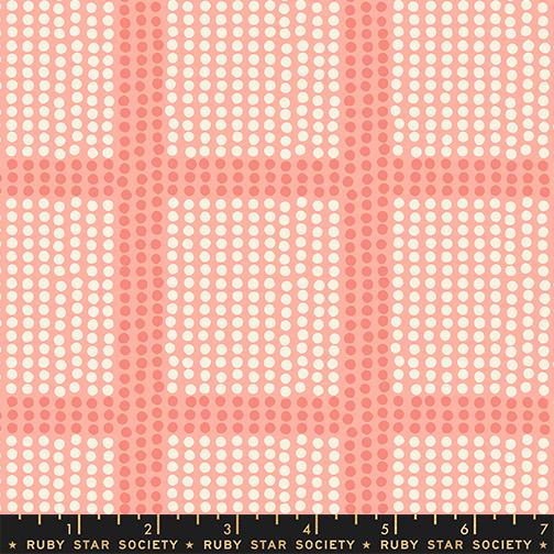 Fabric swatch with pink and white polka dot pattern, labeled Ruby Star Society.