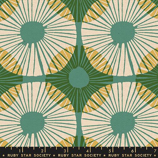 Patterned fabric with green and gold design on a beige background, Ruby Star Society label visible.