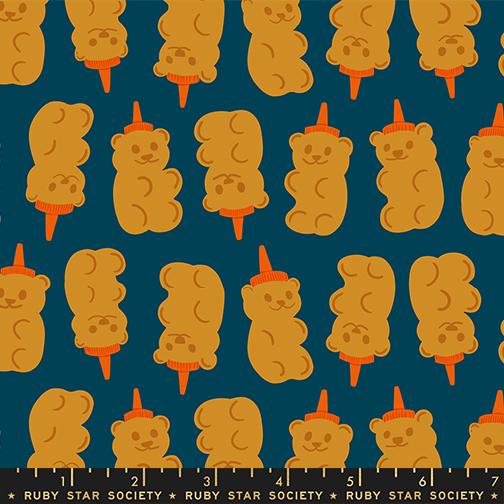Pattern of honey bear bottles on a blue background with a ruler at the bottom.