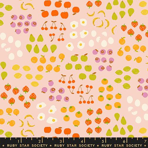 Pattern of fruits and eggs on a pink background with a ruler at the bottom.
