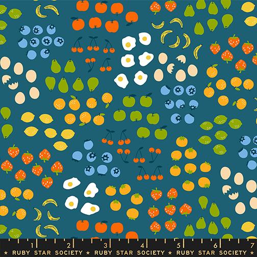 Groups of eggs and various fruits on a blue background with Ruby Star Society label