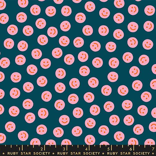 Pattern of pink smiley faces on a teal background with Ruby Star Society label at the bottom.