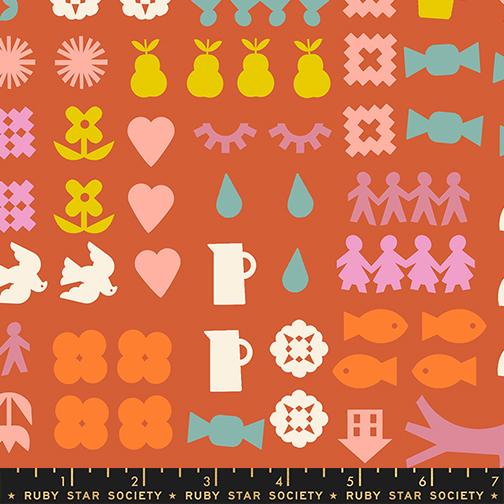Patterned fabric with colorful shapes on a brown background, featuring Ruby Star Society branding.