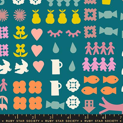Patterned fabric with colorful shapes on a teal background, featuring Ruby Star Society label.