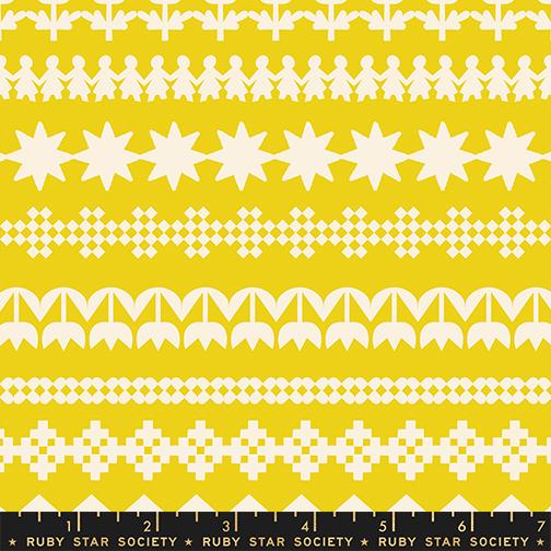 Yellow fabric with white geometric patterns, featuring a Ruby Star Society label.
