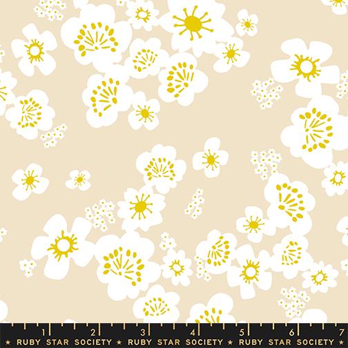 Floral pattern with white flowers and yellow centers on a beige background, featuring Ruby Star Society label.