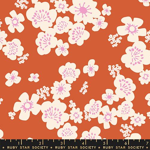 Floral pattern with white and pink flowers on an orange background, featuring Ruby Star Society branding.
