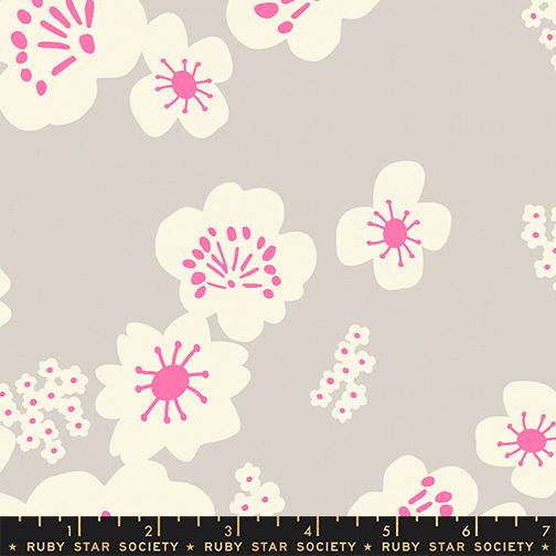 Floral pattern with pink centers and white petals on a gray background, featuring Ruby Star Society label.