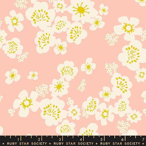 Floral pattern with white and yellow flowers on a pink background, Ruby Star Society label at the bottom.