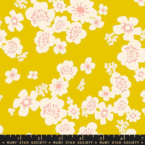 Floral pattern with pink and white flowers on a yellow background, featuring Ruby Star Society label.