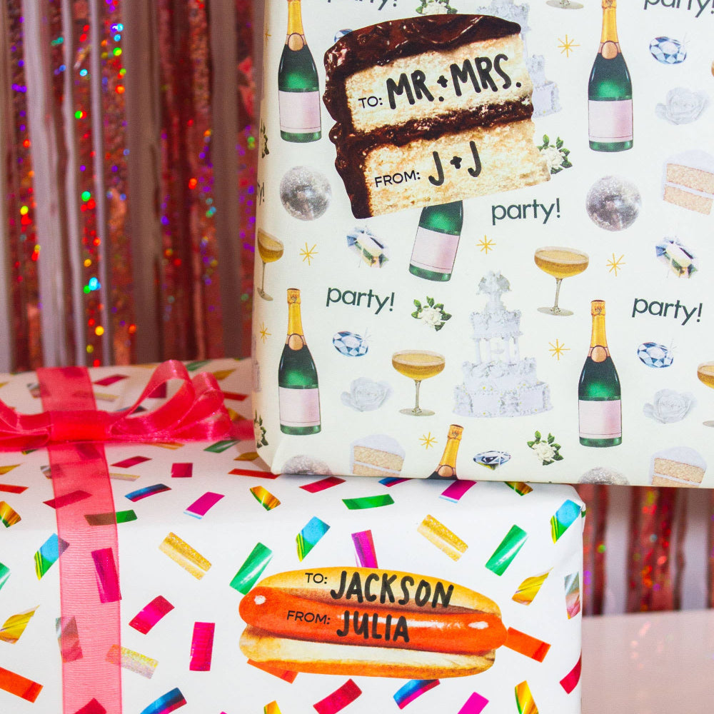 Gift boxes with celebratory designs and ribbons against a colorful background