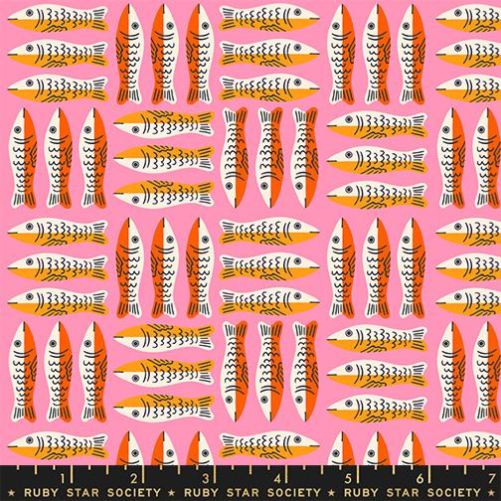 Sets of 3 orange and red sardine fish are patterned in a grid format across a light pink background.