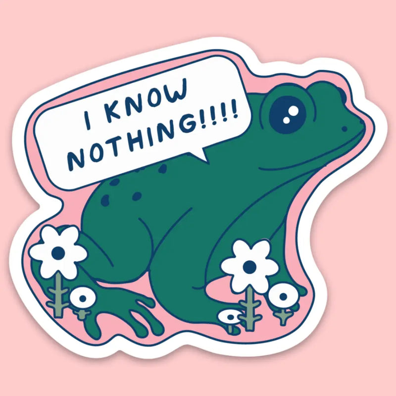 Green frog saying "I know nothing" on a pink background