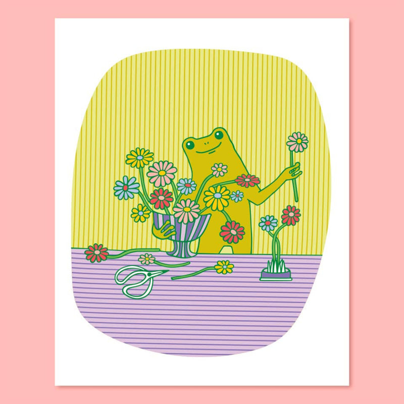 Illustration of a frog holding flowers with a pink background