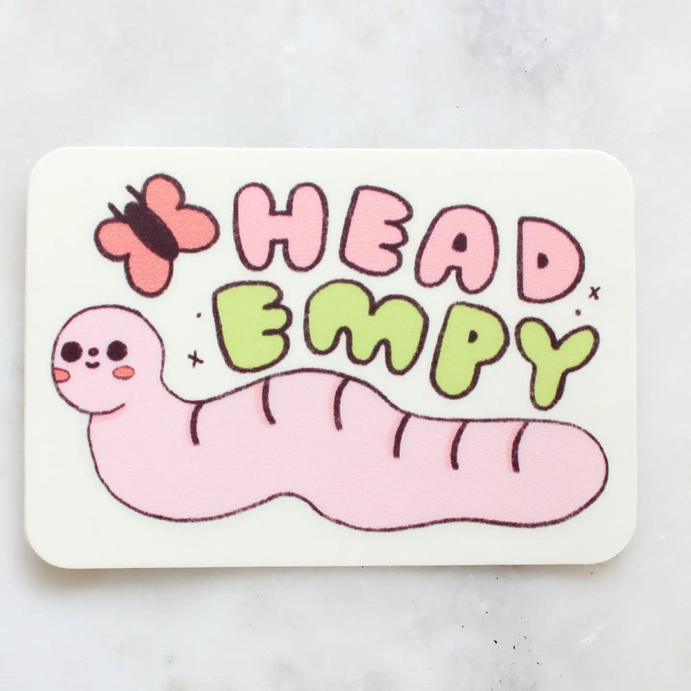 Pink worm and butterfly with the text "Head Empty" on a white background