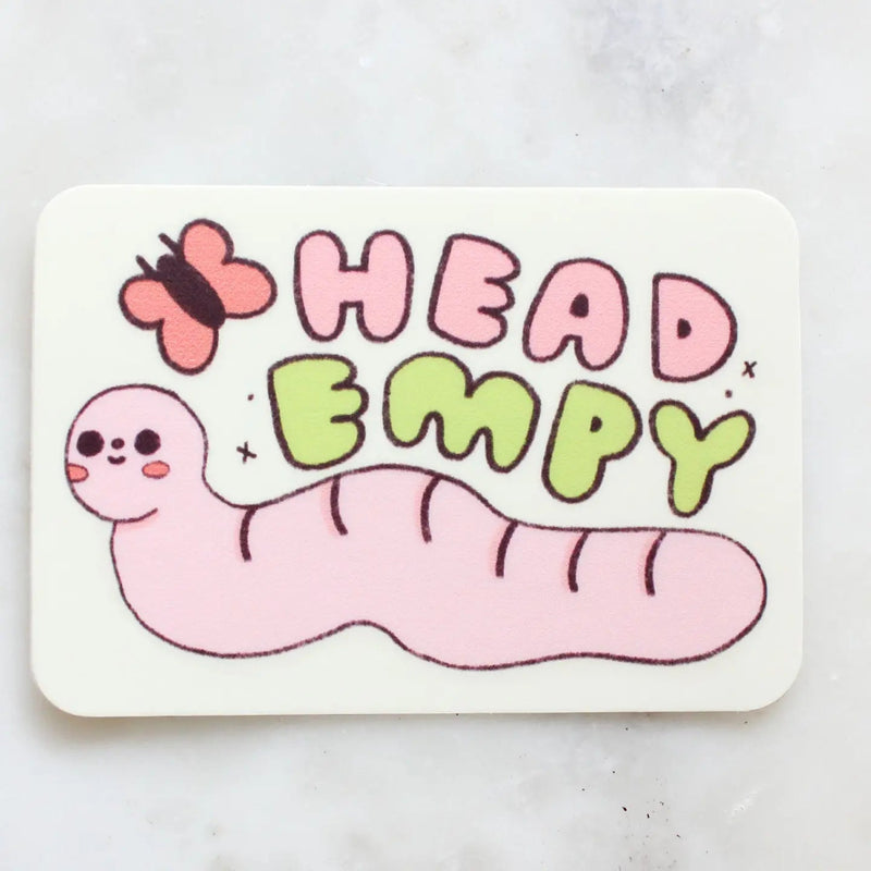 Pink worm and butterfly with the text "Head Empty" on a white background