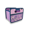 Purple box with a variety of white and blue dogs printed on the pocket