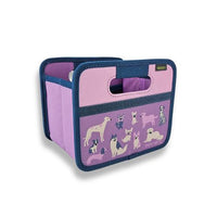 Purple box with a variety of white and blue dogs printed on the pocket
