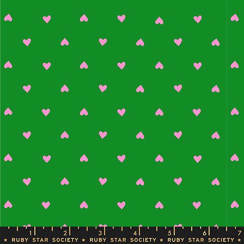 Pattern of pink hearts on a green background with Ruby Star Society label at the bottom.