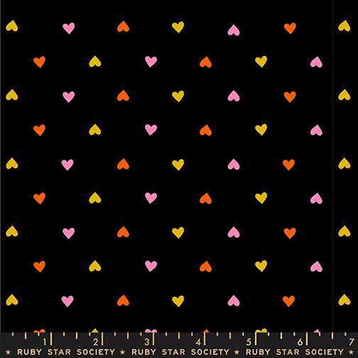 Pattern of colorful hearts on a black background with Ruby Star Society label at the bottom.