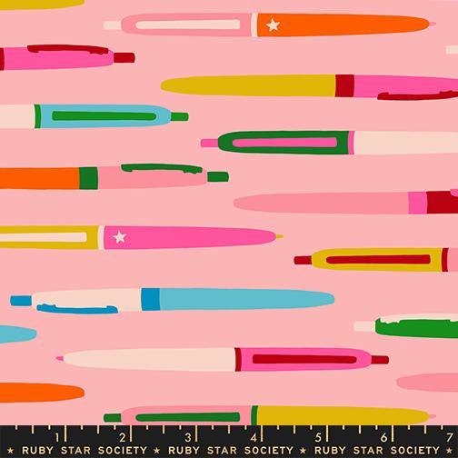 Pattern of colorful pens on a pink background with Ruby Star Society label.