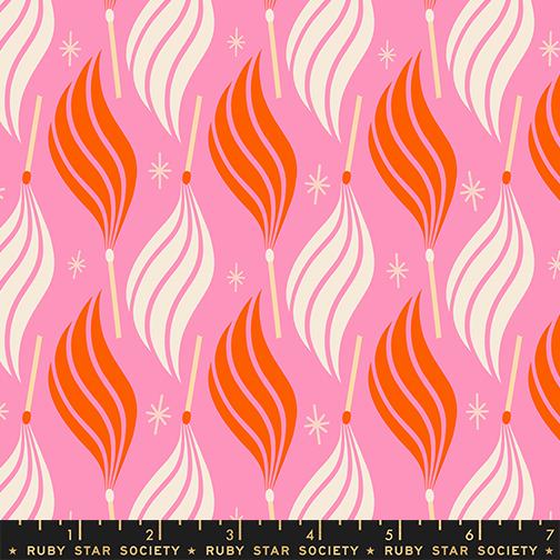 Pattern of flames and matches in orange and white on a pink background with white stars, featuring Ruby Star Society label.