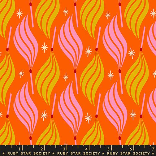 Pattern of flames and matches in pink and yellow on an orange background with white stars, featuring Ruby Star Society label.