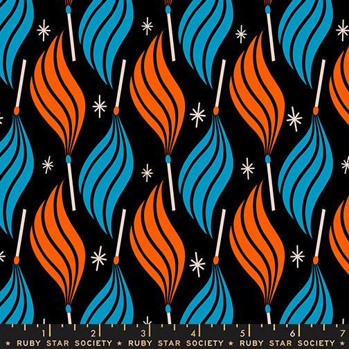 Pattern of flames and matches in blue and orange on a black background with white stars, featuring Ruby Star Society label.