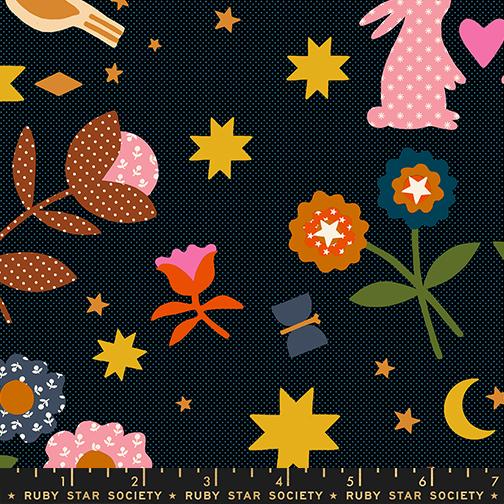 Whimsical designs including stars, flowers, and animals on a black polka dot background with Ruby Star Society label
