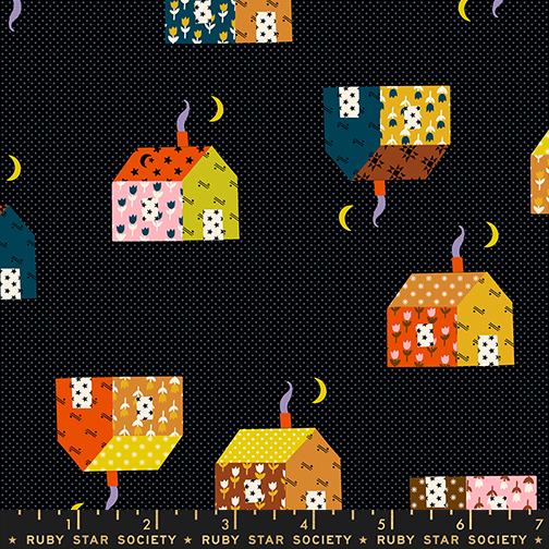 Pattern of colorful houses and kites on a black background with 'Ruby Star Society' branding.