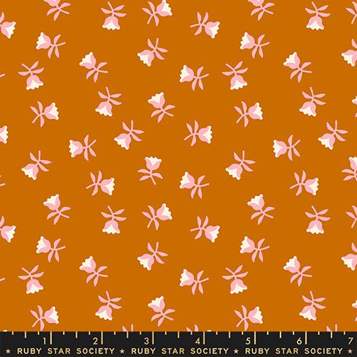 Fabric with pink floral pattern on a light brown background, Ruby Star Society label at the bottom.