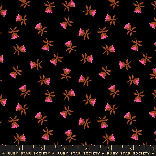 Floral pattern with pink and brown flowers on a black background, featuring Ruby Star Society label.