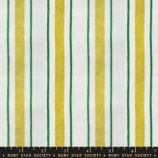 Fabric with yellow and green vertical stripes on a white background, labeled 'Ruby Star Society'.